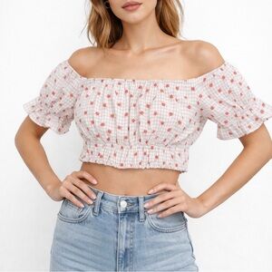 NWT Revolve MAJORELLE Floral Gingham Puff Sleeve Cottagecore Cropped Top Size XL